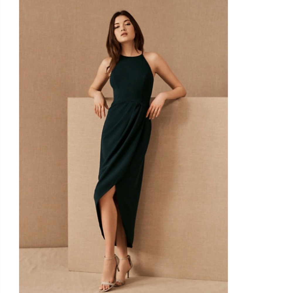 BHLDN Marceau High low crepe bridesmaid dress in Dark Emerald Green